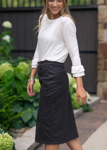 Remi Onyx Black Denim Midi Skirt in 24" view 10 (dress)