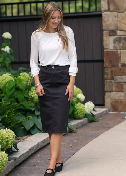 Remi Onyx Black Denim Midi Skirt in 24" view 8 (dress)