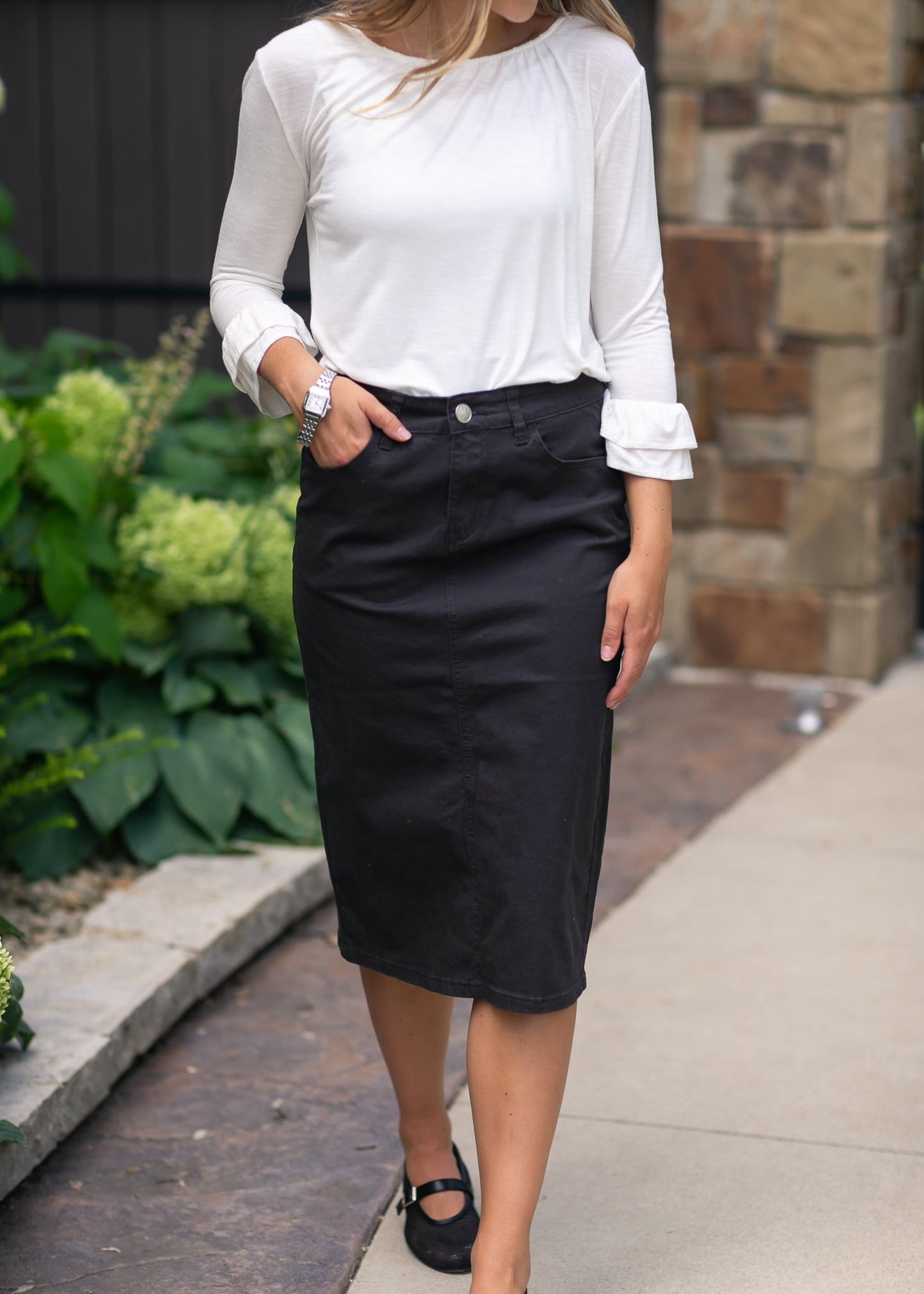 Remi Onyx Black Denim Midi Skirt in 24" view 9 (dress)