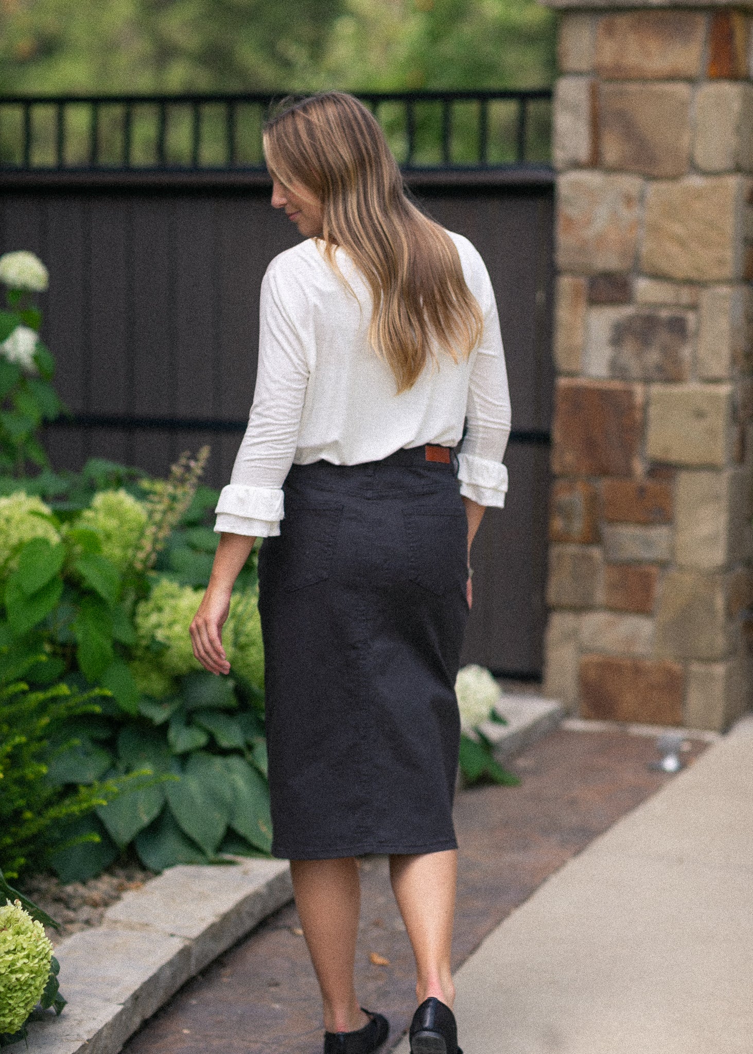 Remi Onyx Black Denim Midi Skirt in 28" view 12 (dress)