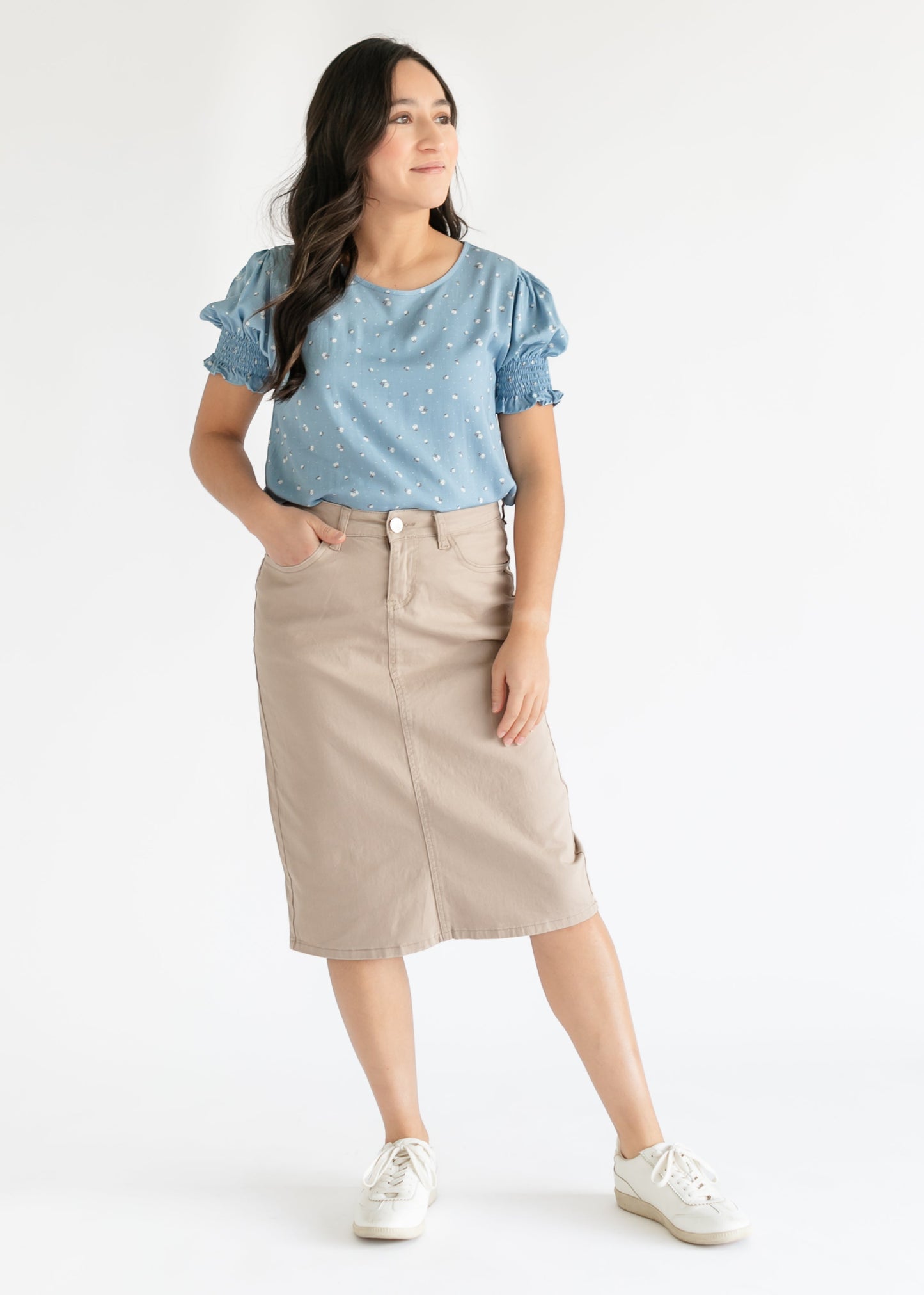 Remi Simply Taupe Denim Midi Skirt in 26" view 11 (dress)