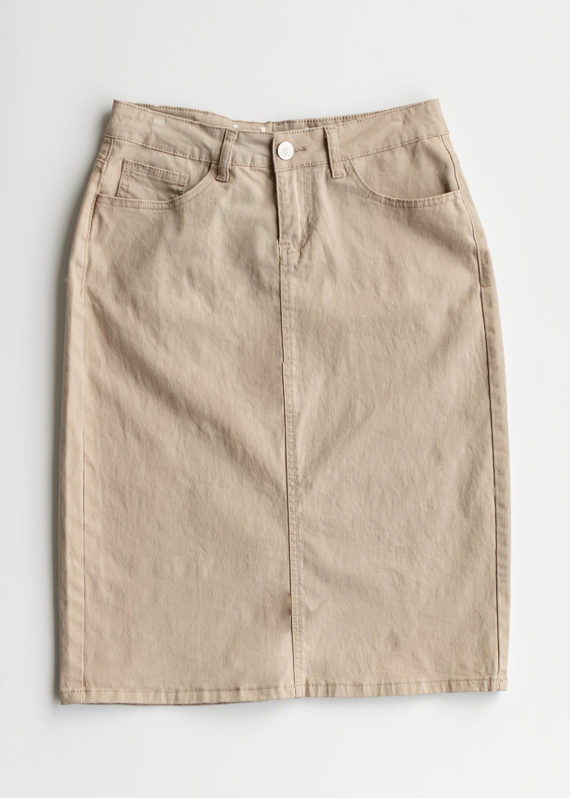Remi Simply Taupe Denim Midi Skirt in 26" view 14 (dress)