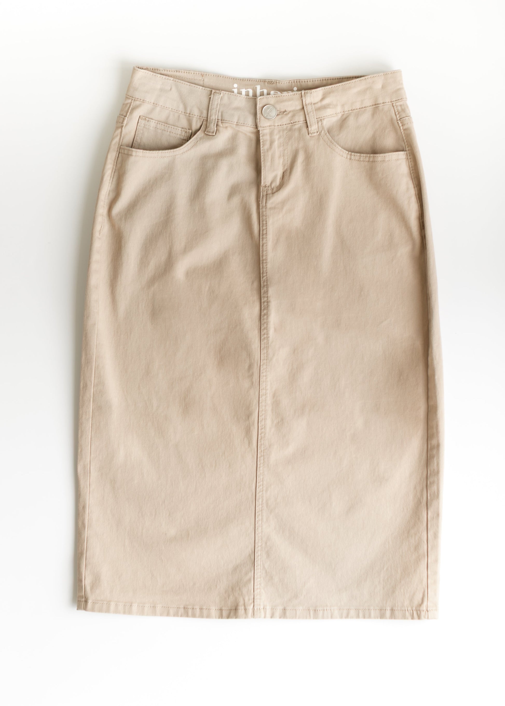 Remi Simply Taupe Denim Midi Skirt in 26" view 16 (dress)
