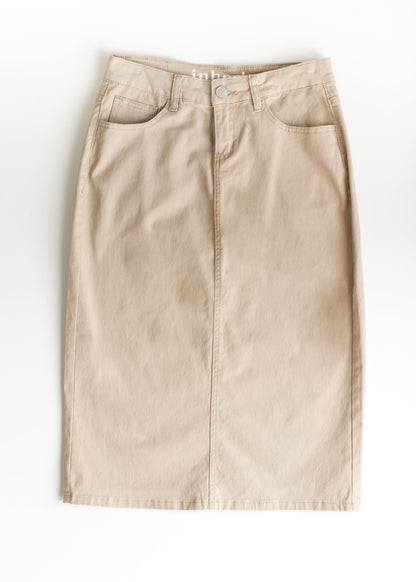 Remi Simply Taupe Denim Midi Skirt in 26" view 16 (dress)