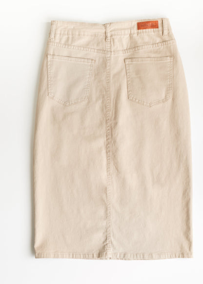 Remi Simply Taupe Denim Midi Skirt in 26" view 17 (dress)