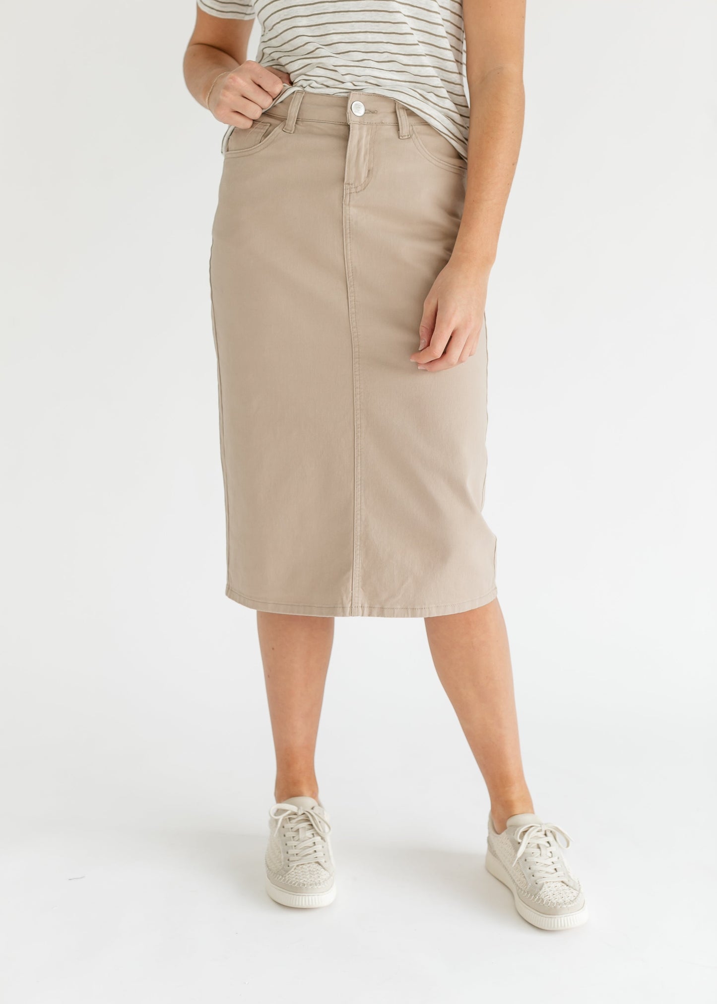 Remi Simply Taupe Denim Midi Skirt in 29" view 10 (dress)
