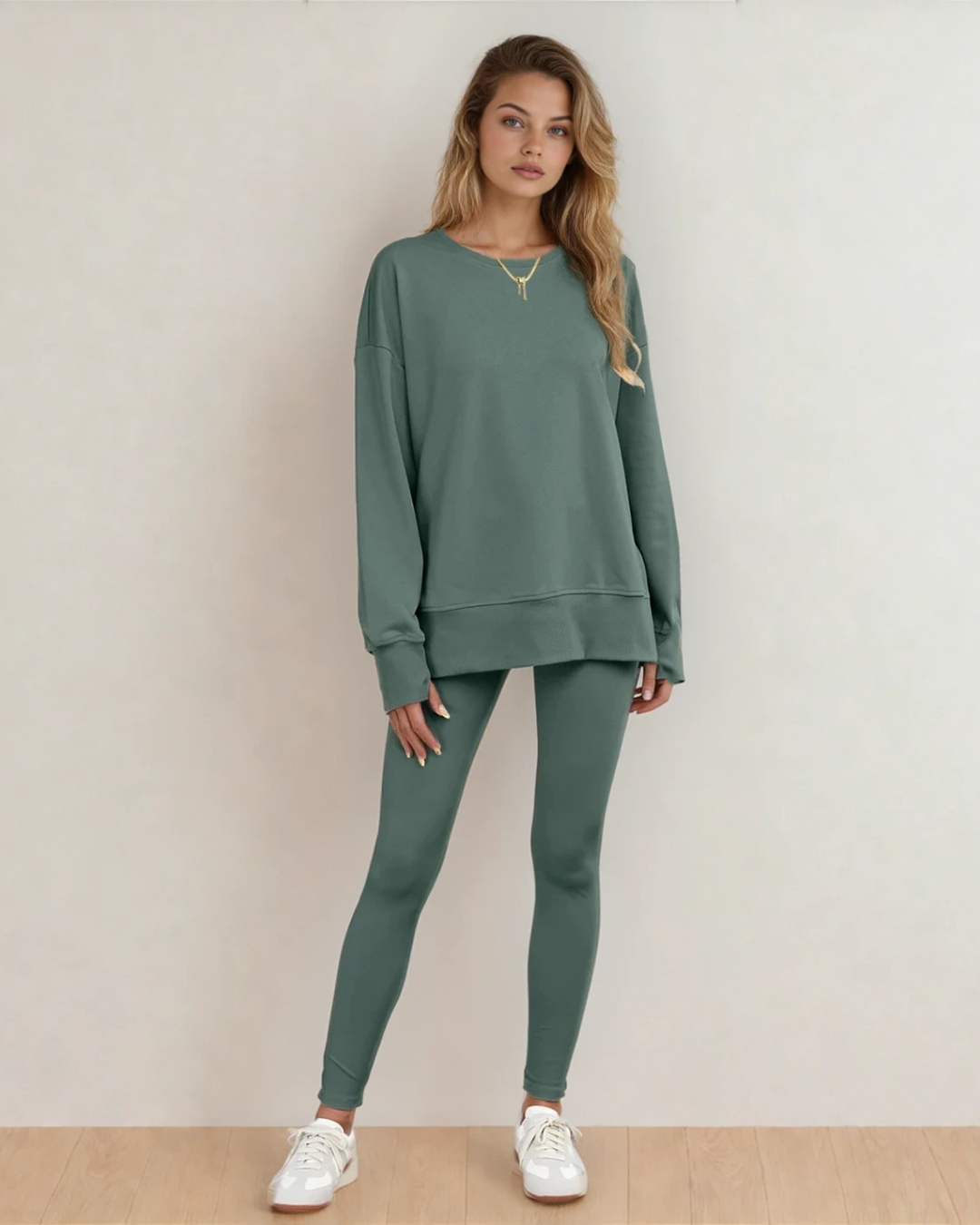 Remi Solid Color Oversize Slit Sweatshirt Ribbed Leggings 2pcs Set - Green in Green Bay - Set Gre (top)