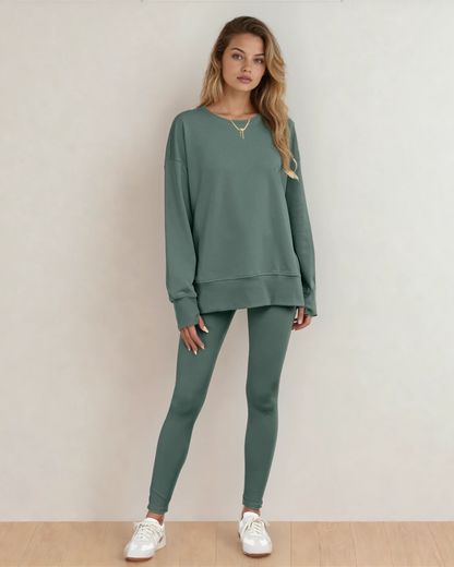 Remi Solid Color Oversize Slit Sweatshirt Ribbed Leggings 2pcs Set - Green in Green Bay - Set Gre (top)
