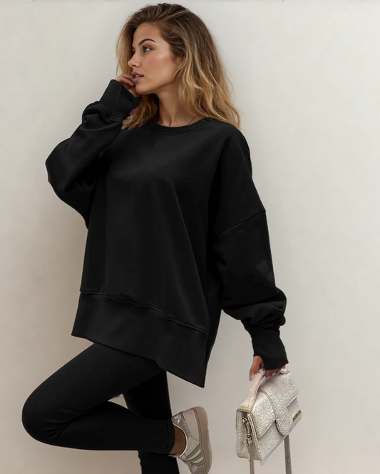 Remi Solid Color Oversize Slit Sweatshirt Ribbed Leggings 2pcs Set - Black in Black - Set Bla (top)