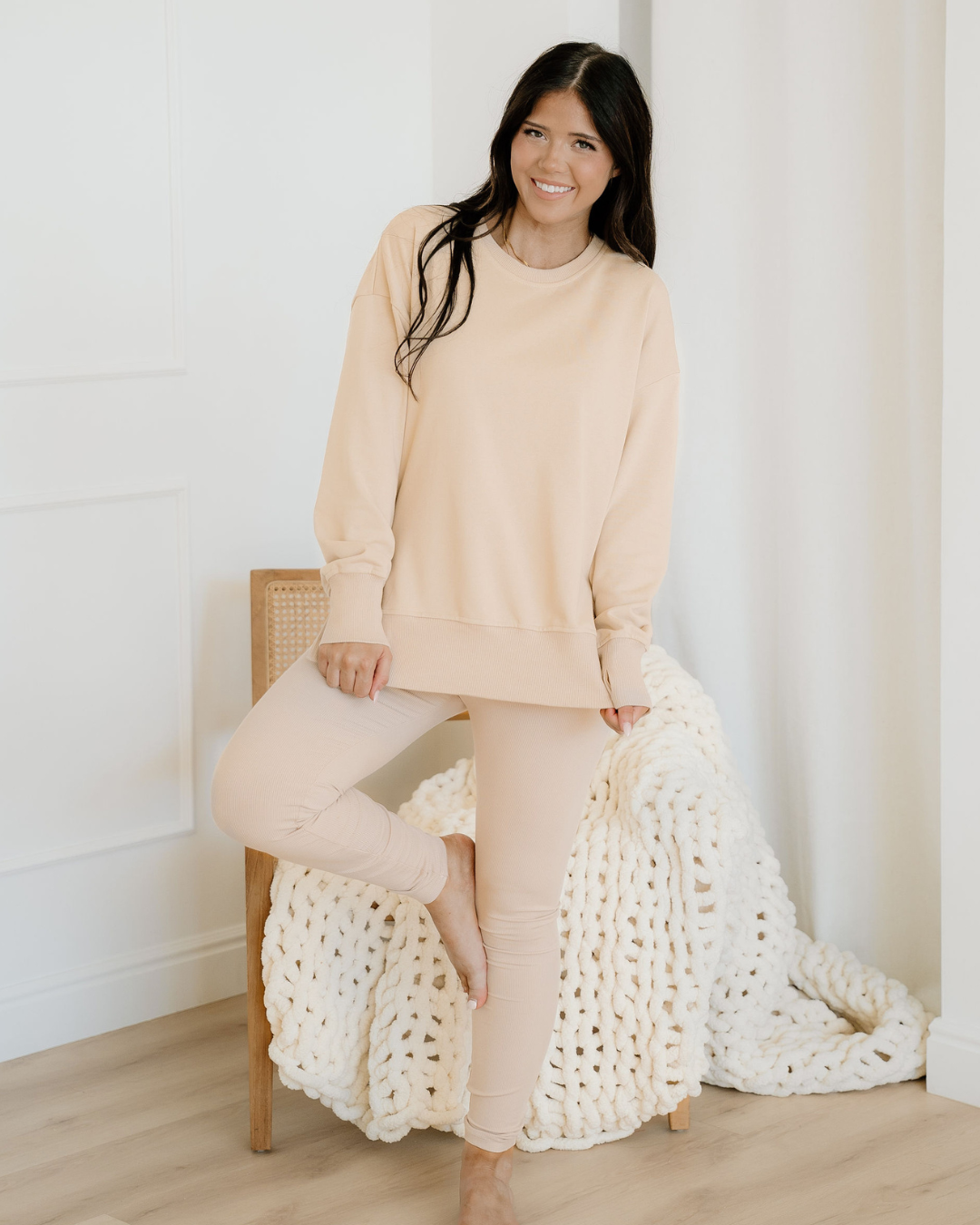 Remi Solid Color Oversize Slit Sweatshirt Ribbed Leggings 2pcs Set - Jet Stream in Jet Stream - Set Jet (top)