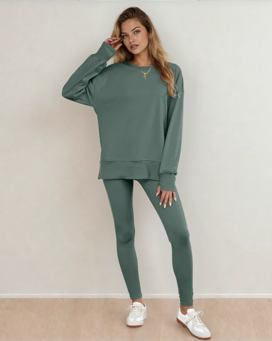 Remi Solid Color Oversize Slit Sweatshirt Ribbed Leggings 2pcs Set - Green in Green Bay view 2 - Set Gre (top)