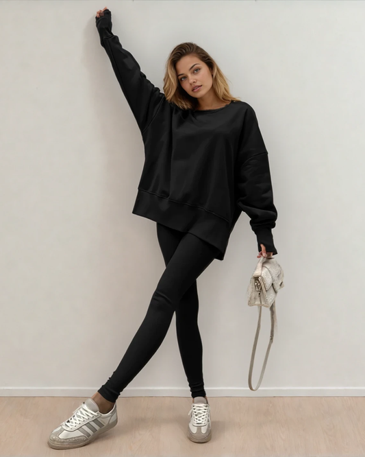 Remi Solid Color Oversize Slit Sweatshirt Ribbed Leggings 2pcs Set - Black in Black view 2 - Set Bla (top)