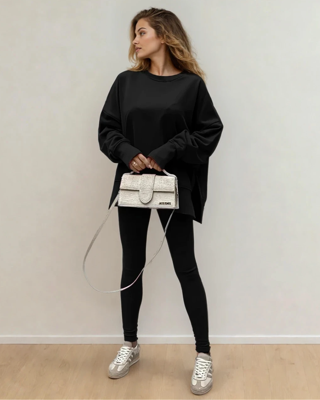Remi Solid Color Oversize Slit Sweatshirt Ribbed Leggings 2pcs Set - Black in Black view 3 - Set Bla (top)
