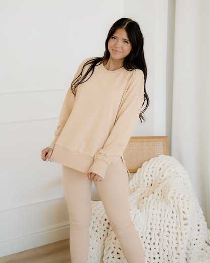 Remi Solid Color Oversize Slit Sweatshirt Ribbed Leggings 2pcs Set - Jet Stream in Jet Stream view 3 - Set Jet (top)