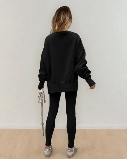Remi Solid Color Oversize Slit Sweatshirt Ribbed Leggings 2pcs Set - Black in Black view 4 - Set Bla (top)