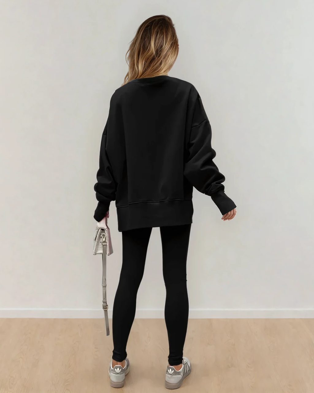 Remi Solid Color Oversize Slit Sweatshirt Ribbed Leggings 2pcs Set - Black Black view 4 (top) - shop at us.meeeshop