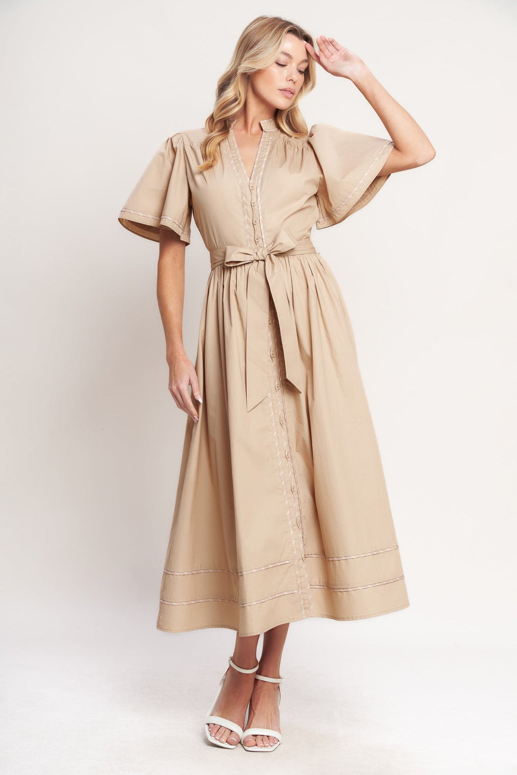 Resort Escape Woven Midi Dress TAUPE (dress) - midi dress, woven midi dress - shop at us.meeeshop