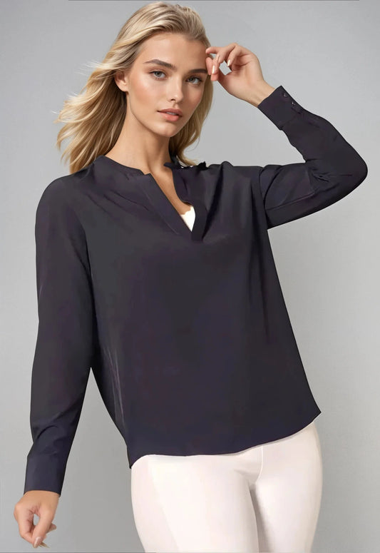 Resort Vee Long Sleeve Popover Shirt - Navy in XS - Summer Outfit Idea - Resortpass Vea (top)