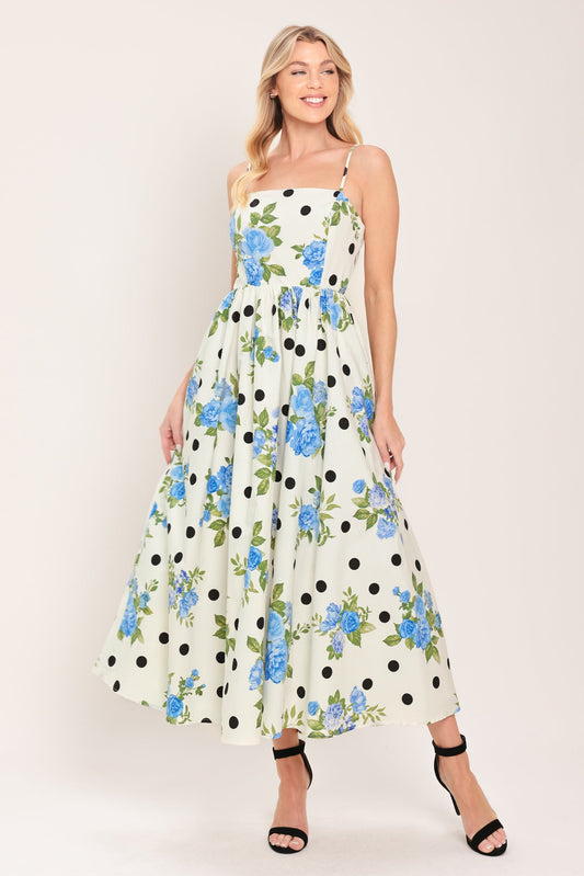 Retro Flora Woven Midi Dress in OFF WHITE - Retro Floral Dress
