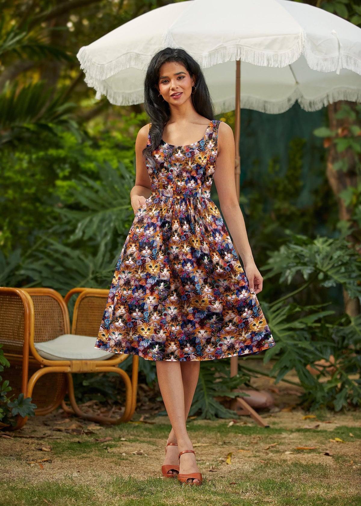 Retrolicious Cats & Flowers Fit & Flare Dress in XS