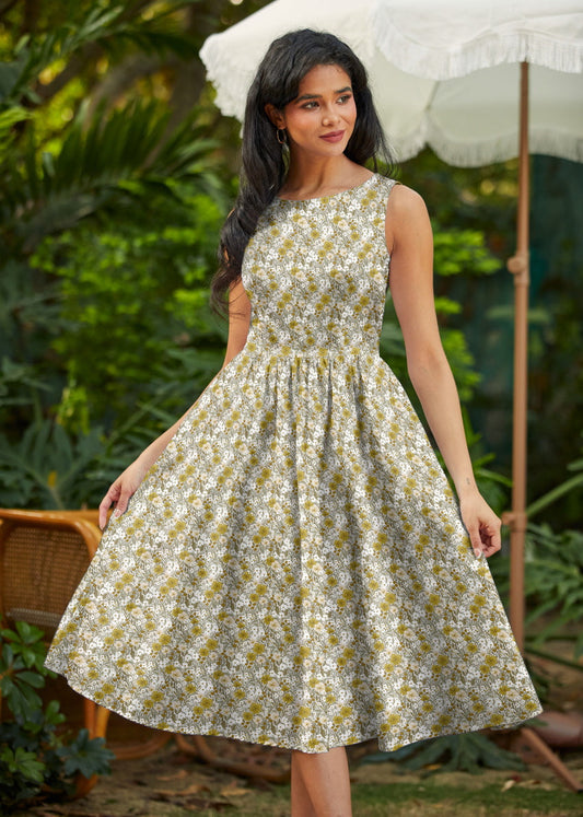 Retrolicious Mustard Floral Midi Dress in XS - Mustard Floral Dress For Women