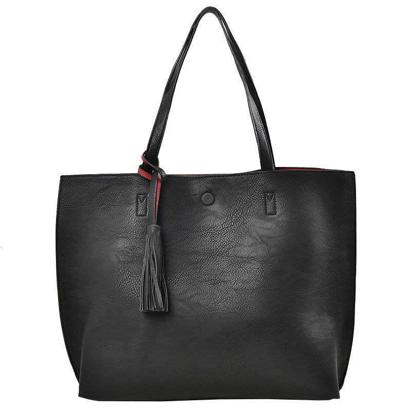 Reversible Faux Leather Tote Bag Vegan Tassel Handbag in Black