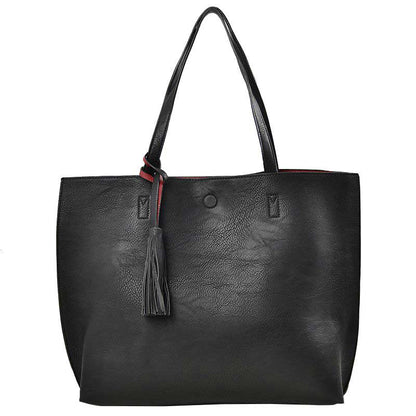 Reversible Faux Leather Tote Bag Vegan Tassel Handbag in Black