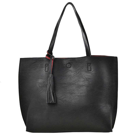 Reversible Faux Leather Tote Bag Vegan Tassel Handbag in Black