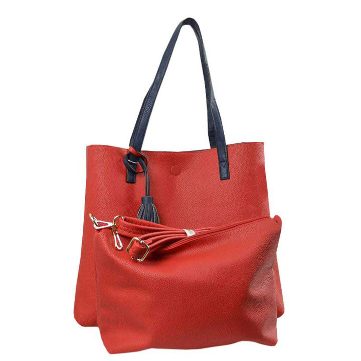 Reversible Faux Leather Tote Bag Vegan Tassel Handbag in Khaki view 12