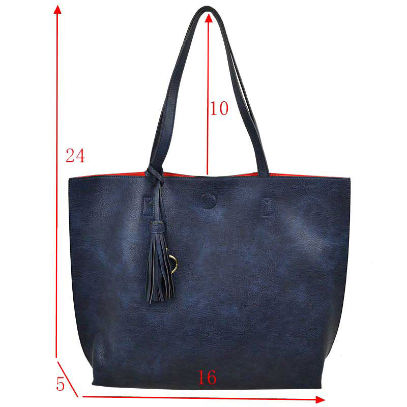 Reversible Faux Leather Tote Bag Vegan Tassel Handbag in Wine view 13