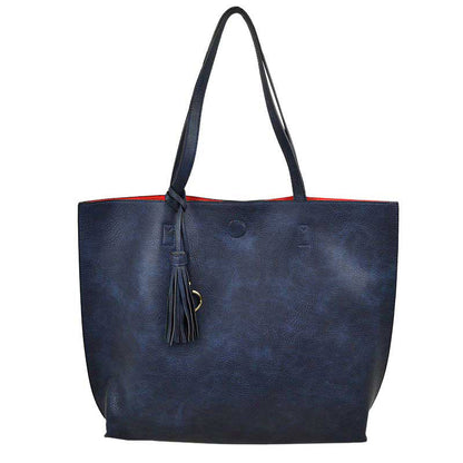 Reversible Faux Leather Tote Bag Vegan Tassel Handbag in White view 14