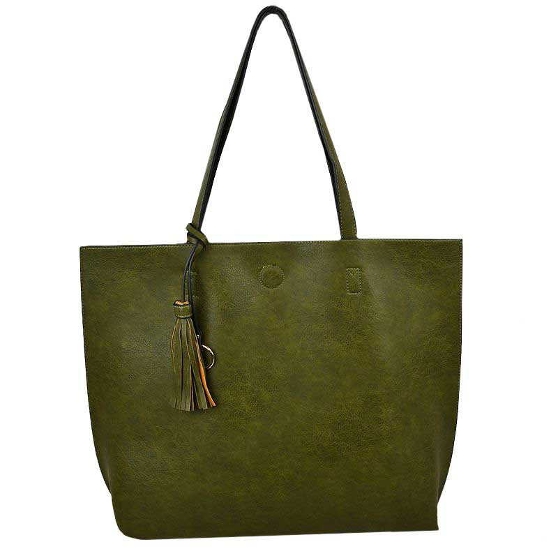 Reversible Faux Leather Tote Bag Vegan Tassel Handbag in Yellow view 15