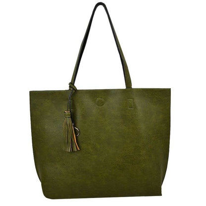 Reversible Faux Leather Tote Bag Vegan Tassel Handbag in Yellow view 15