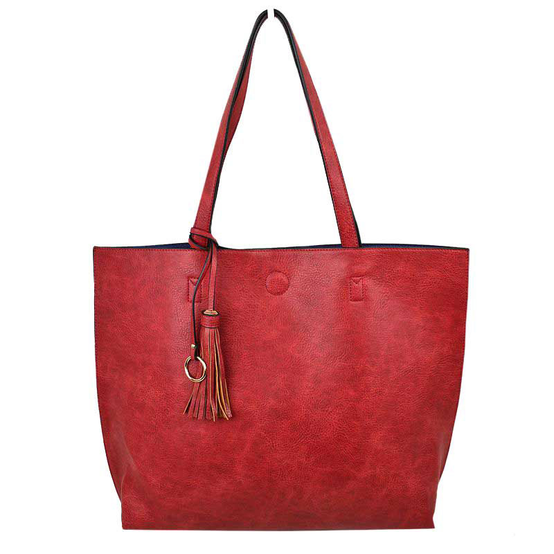Reversible Faux Leather Tote Bag Vegan Tassel Handbag view 17