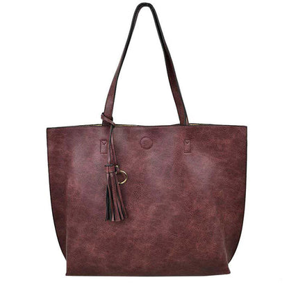 Reversible Faux Leather Tote Bag Vegan Tassel Handbag view 19