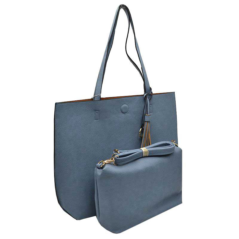 Reversible Faux Leather Tote Bag Vegan Tassel Handbag in Blue view 2