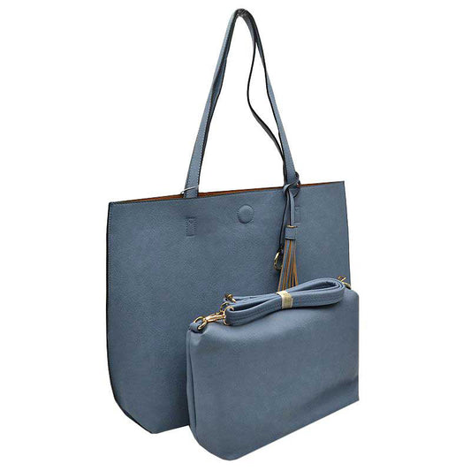 Reversible Faux Leather Tote Bag Vegan Tassel Handbag in Blue view 2
