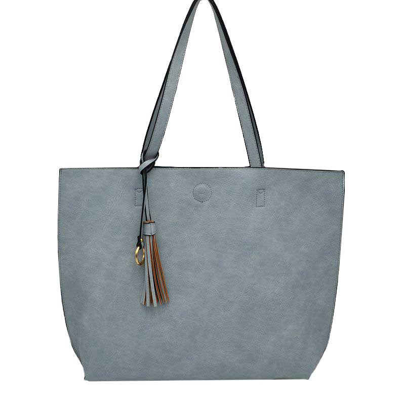 Reversible Faux Leather Tote Bag Vegan Tassel Handbag in LightBlue view 3