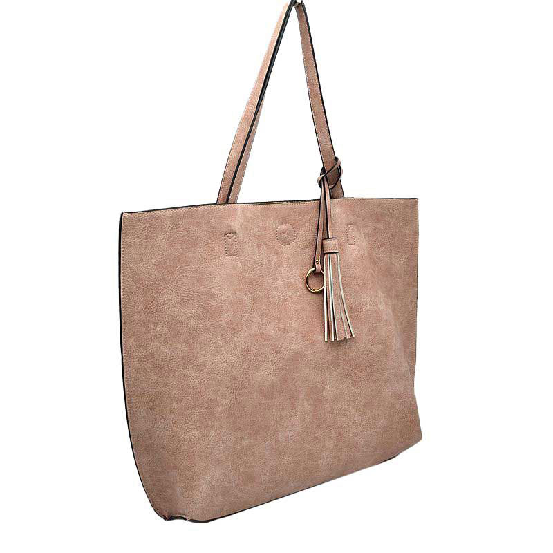 Reversible Faux Leather Tote Bag Vegan Tassel Handbag in Blush view 4