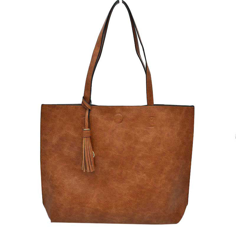 Reversible Faux Leather Tote Bag Vegan Tassel Handbag in Brown view 5