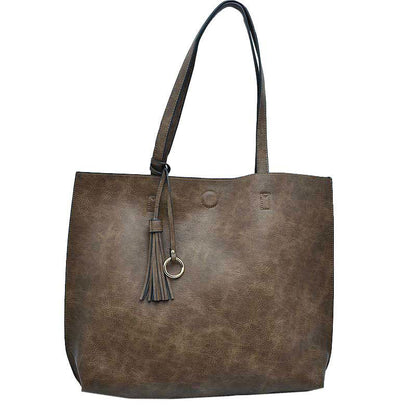 Reversible Faux Leather Tote Bag Vegan Tassel Handbag in DarkGray view 6