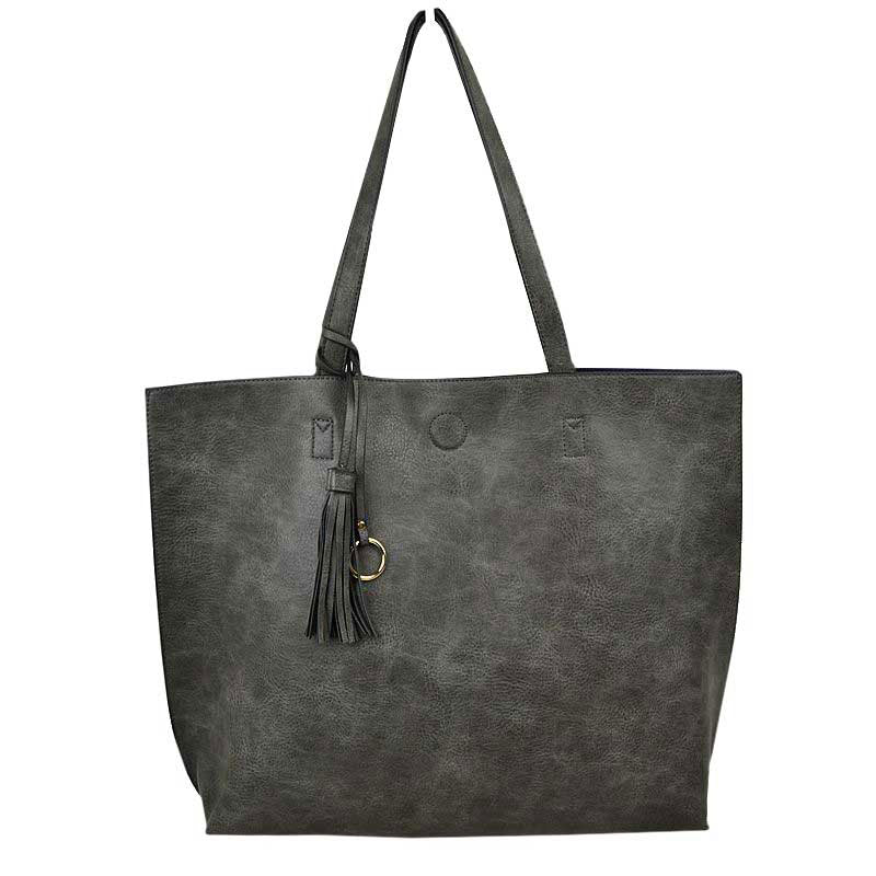Reversible Faux Leather Tote Bag Vegan Tassel Handbag in Olive view 7