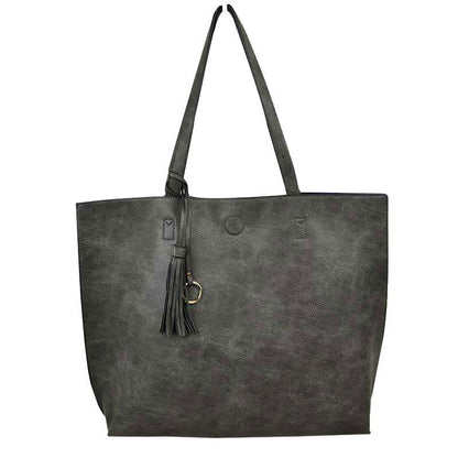 Reversible Faux Leather Tote Bag Vegan Tassel Handbag in Olive view 7