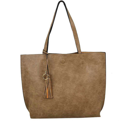Reversible Faux Leather Tote Bag Vegan Tassel Handbag in Gray view 8