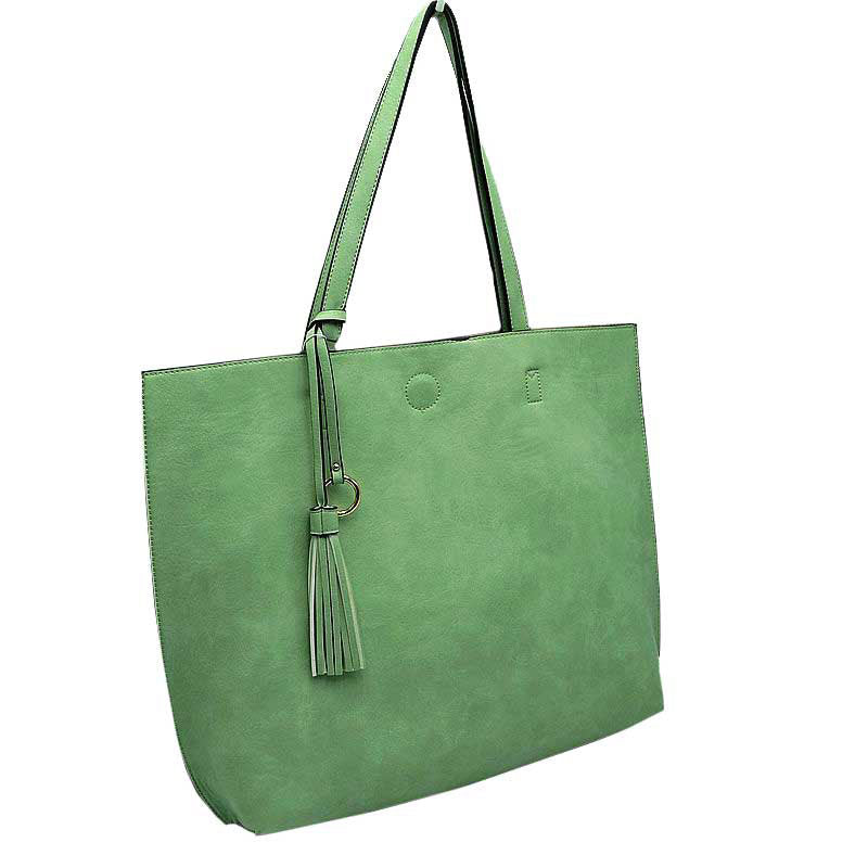 Reversible Faux Leather Tote Bag Vegan Tassel Handbag in Mint view 9