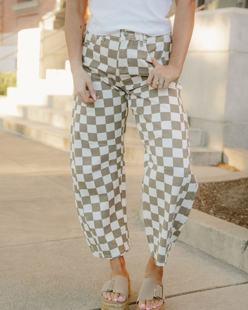 Riley Checkered Print Denim Barrel Pants in 6 view 2 (bottom)