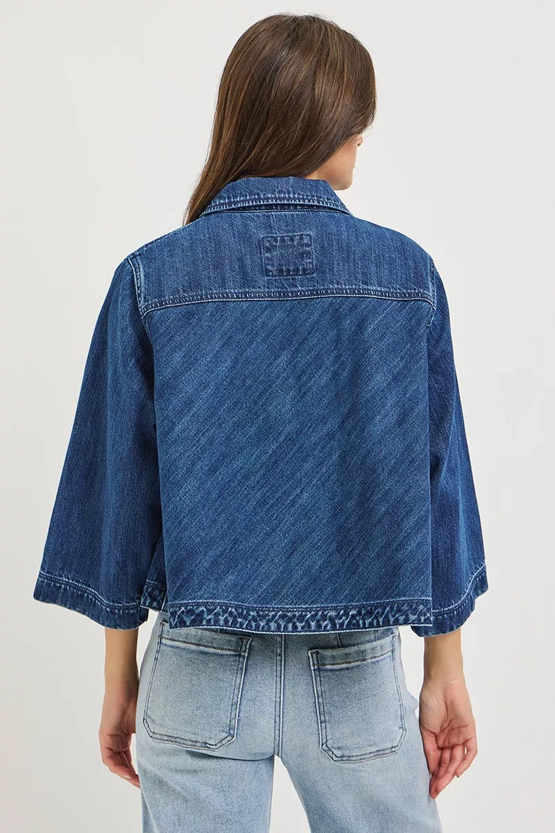 risen double breasted Risen Double-breasted Flowy Cropped Denim Jacket view 3 (layer) - shop at us.meeeshop