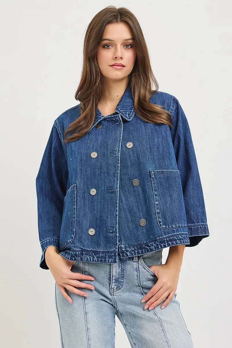 risen double breasted Risen Double-breasted Flowy Cropped Denim Jacket view 5 (layer) - shop at us.meeeshop