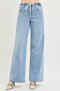 Risen Elastic Band Slouchy Wide Jeans with Drawstring Light (bottom) - risen jeans elastic waist, risen - shop at us.meeeshop