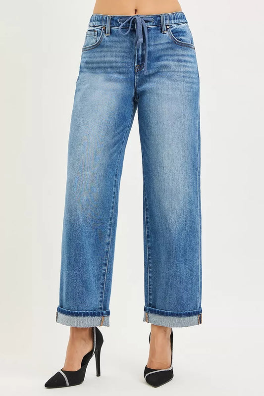 Risen Elastic Band Slouch Ankle Boyfriend Cuffed Hem Jeans in MEDIUM - Comfort Stretch - Risen Jeans Elastic Waist